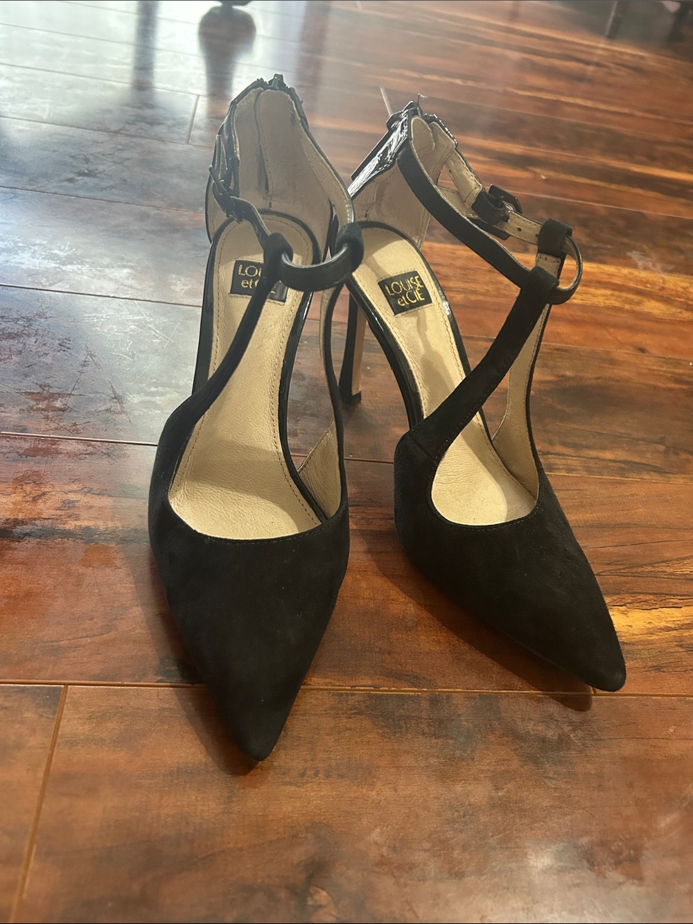 Louise et Cie Black Suede T-Strap Pointed Toe Heels